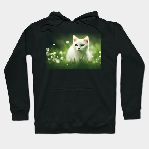 Cute white cat with blue eyes at nature Hoodie by DyeruArt